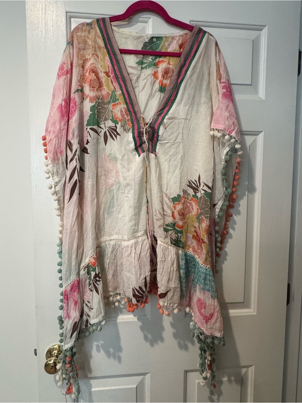 Floral Pom Pom Tie-Front Kimono Caftan - Pink & Cream